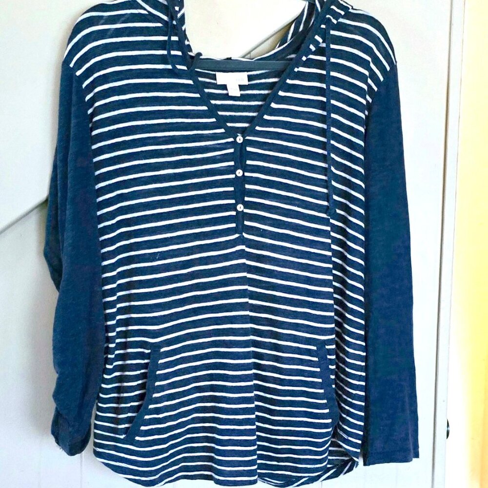 J.Jill Striped Linen Hoodie Top, Petite Large